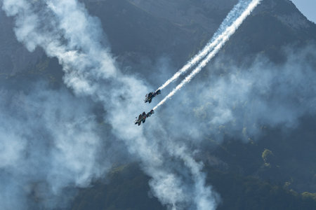 Mollis, Switzerland, August 18, 2023 The flying bulls acrobatic flight performances during an air displayのeditorial素材