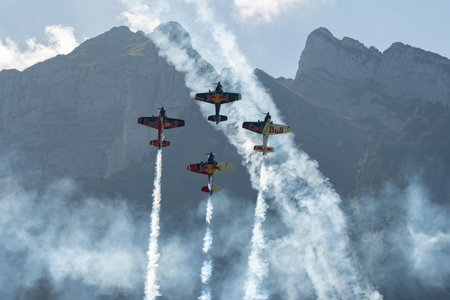 Mollis, Switzerland, August 18, 2023 The flying bulls acrobatic flight performances during an air displayのeditorial素材