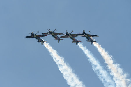Mollis, Switzerland, August 18, 2023 The flying bulls acrobatic flight performances during an air displayのeditorial素材