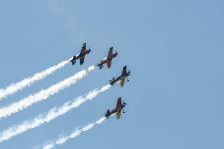 Mollis, Switzerland, August 18, 2023 The flying bulls acrobatic flight performances during an air displayのeditorial素材
