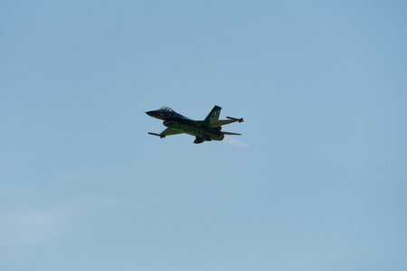 Mollis, Switzerland, August 18, 2023 Lockheed Martin F-16AM Falcon fighter is performing during an air displayのeditorial素材