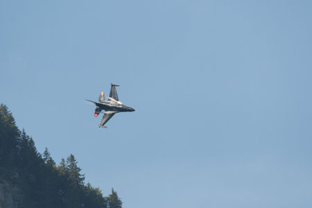 Mollis, Switzerland, August 18, 2023 Lockheed Martin F-16AM Falcon fighter is performing during an air displayのeditorial素材