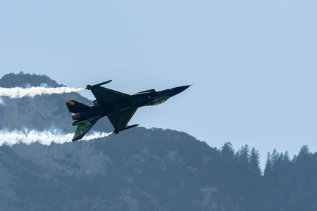 Mollis, Switzerland, August 18, 2023 Lockheed Martin F-16AM Falcon fighter is performing during an air displayのeditorial素材