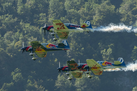 Mollis, Switzerland, August 18, 2023 The flying bulls acrobatic flight performances during an air displayのeditorial素材