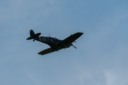 Mollis, Switzerland, August 18, 2023 EP-120 Supermarine LF Mk Vb Spitfire historic aircraft is performing during an air showのeditorial素材