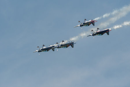 Mollis, Switzerland, August 18, 2023 The flying bulls acrobatic flight performances during an air displayのeditorial素材