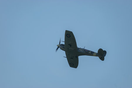 Mollis, Switzerland, August 18, 2023 EP-120 Supermarine LF Mk Vb Spitfire historic aircraft during an air showのeditorial素材