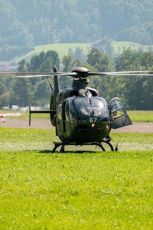 Mollis, Switzerland, August 18, 2023 T-367 Swiss military Eurocopter EC-635 P2+ helicopter during an air showのeditorial素材