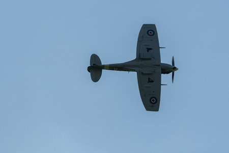 Mollis, Switzerland, August 18, 2023 EP-120 Supermarine LF Mk Vb Spitfire historic aircraft is performing during an air showのeditorial素材