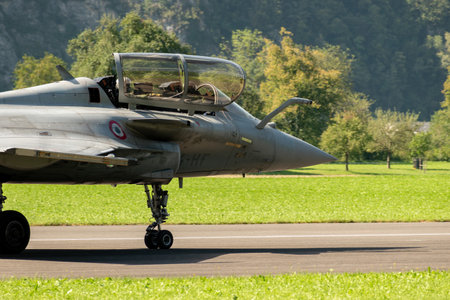 Mollis, Switzerland, August 18, 2023 Dessault Rafale fighter on the runway during an air displayのeditorial素材