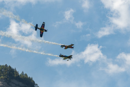 Mollis, Switzerland, August 18, 2023 The flying bulls acrobatic flight performances during an air displayのeditorial素材