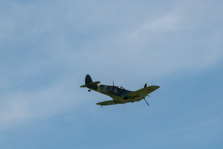 Mollis, Switzerland, August 18, 2023 EP-120 Supermarine LF Mk Vb Spitfire historic aircraft is performing during an air showのeditorial素材