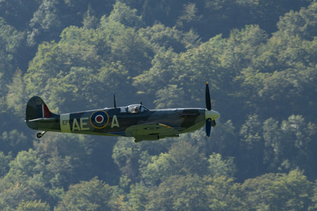 Mollis, Switzerland, August 18, 2023 EP-120 Supermarine LF Mk Vb Spitfire historic aircraft is performing during an air showのeditorial素材