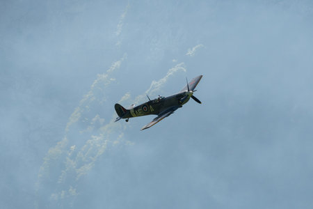 Mollis, Switzerland, August 18, 2023 EP-120 Supermarine LF Mk Vb Spitfire historic aircraft is performing during an air showのeditorial素材