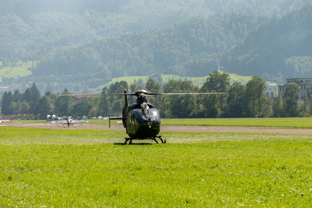 Mollis, Switzerland, August 18, 2023 T-367 Swiss military Eurocopter EC-635 P2+ helicopter during an air showのeditorial素材