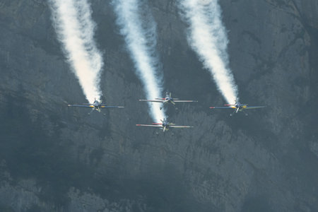 Mollis, Switzerland, August 18, 2023 The flying bulls acrobatic flight performances during an air displayのeditorial素材