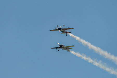 Mollis, Switzerland, August 18, 2023 The flying bulls acrobatic flight performances during an air displayのeditorial素材