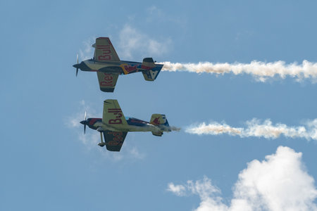 Mollis, Switzerland, August 18, 2023 The flying bulls acrobatic flight performances during an air displayのeditorial素材