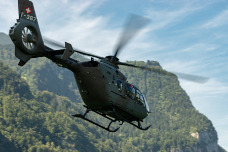 Mollis, Switzerland, August 18, 2023 T-367 Swiss military Eurocopter EC-635 P2+ helicopter during an air displayのeditorial素材