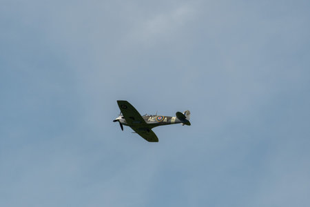 Mollis, Switzerland, August 18, 2023 EP-120 Supermarine LF Mk Vb Spitfire historic aircraft is performing during an air showのeditorial素材