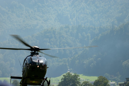 Mollis, Switzerland, August 18, 2023 T-367 Swiss military Eurocopter EC-635 P2+ helicopter during an air showのeditorial素材