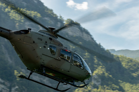 Mollis, Switzerland, August 18, 2023 T-367 Swiss military Eurocopter EC-635 P2+ helicopter during an air displayのeditorial素材