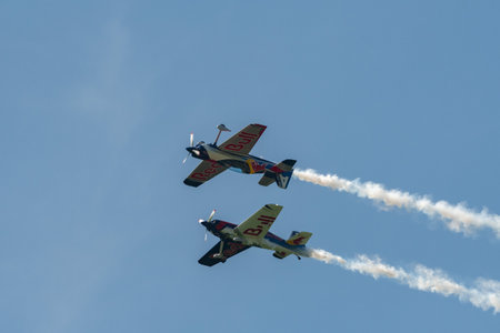 Mollis, Switzerland, August 18, 2023 The flying bulls acrobatic flight performances during an air displayのeditorial素材