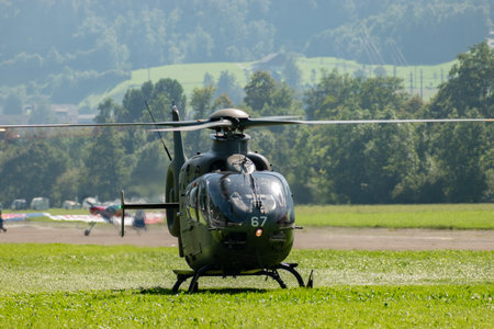Mollis, Switzerland, August 18, 2023 T-367 Swiss military Eurocopter EC-635 P2+ helicopter during an air showのeditorial素材