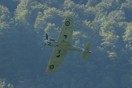 Mollis, Switzerland, August 18, 2023 EP-120 Supermarine LF Mk Vb Spitfire historic aircraft is performing during an air showのeditorial素材