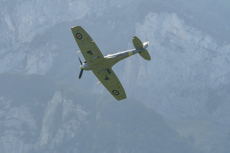 Mollis, Switzerland, August 18, 2023 EP-120 Supermarine LF Mk Vb Spitfire historic aircraft is performing during an air showのeditorial素材