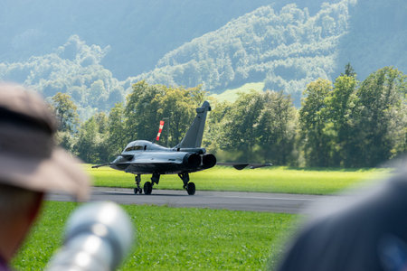Mollis, Switzerland, August 18, 2023 Dessault Rafale fighter on the runway during an air displayのeditorial素材