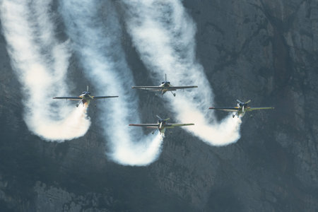 Mollis, Switzerland, August 18, 2023 The flying bulls acrobatic flight performances during an air displayのeditorial素材