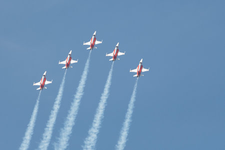 Mollis, Switzerland, August 18, 2023 Patrouille Suisse Northrop F-5E Tiger II military jet doing acrobatic flights during an air displayのeditorial素材