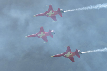 Mollis, Switzerland, August 18, 2023 Patrouille Suisse Northrop F-5E Tiger II military jet doing acrobatic flights during an air displayのeditorial素材