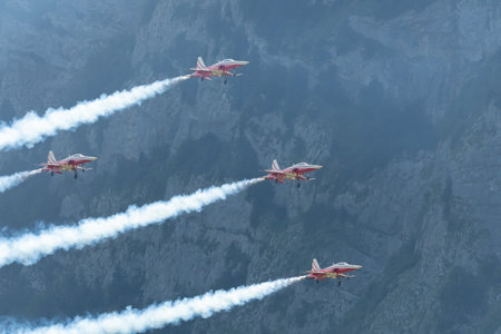 Mollis, Switzerland, August 18, 2023 Patrouille Suisse Northrop F-5E Tiger II military jet doing acrobatic flights during an air displayのeditorial素材