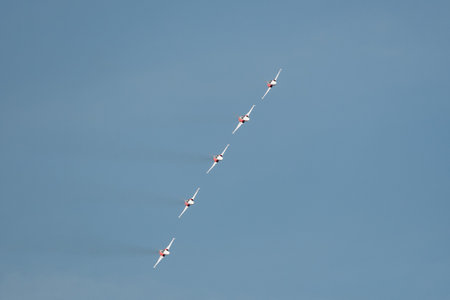 Mollis, Switzerland, August 18, 2023 Patrouille Suisse Northrop F-5E Tiger II military jet doing acrobatic flights during an air displayのeditorial素材