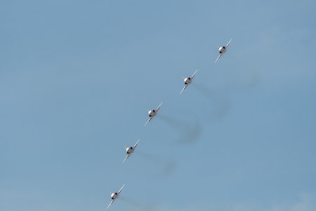 Mollis, Switzerland, August 18, 2023 Patrouille Suisse Northrop F-5E Tiger II military jet doing acrobatic flights during an air displayのeditorial素材