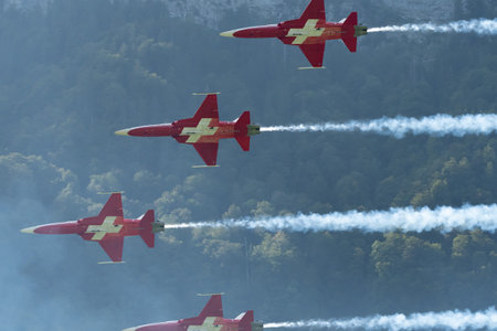 Mollis, Switzerland, August 18, 2023 Patrouille Suisse Northrop F-5E Tiger II military jet doing acrobatic flights during an air displayのeditorial素材
