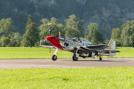 Mollis, Switzerland, August 18, 2023 D-FPSI North american P-51D Mustang historic aircraft is taxiing on the runwayのeditorial素材