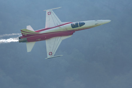 Mollis, Switzerland, August 18, 2023 Patrouille Suisse Northrop F-5E Tiger II military jet doing acrobatic flights during an air displayのeditorial素材