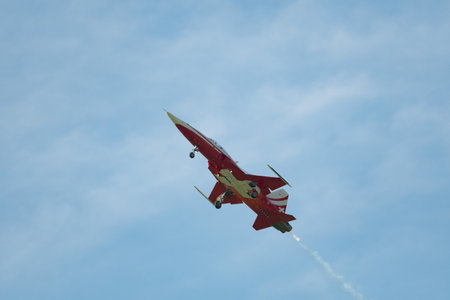 Mollis, Switzerland, August 18, 2023 Patrouille Suisse Northrop F-5E Tiger II military jet doing acrobatic flights during an air displayのeditorial素材