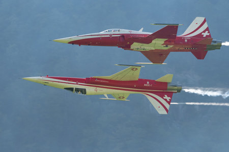 Mollis, Switzerland, August 18, 2023 Patrouille Suisse Northrop F-5E Tiger II military jet doing acrobatic flights during an air displayのeditorial素材