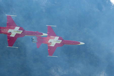 Mollis, Switzerland, August 18, 2023 Patrouille Suisse Northrop F-5E Tiger II military jet doing acrobatic flights during an air displayのeditorial素材