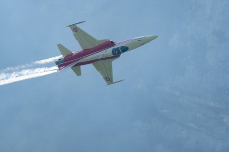 Mollis, Switzerland, August 18, 2023 Patrouille Suisse Northrop F-5E Tiger II military jet doing acrobatic flights during an air displayのeditorial素材