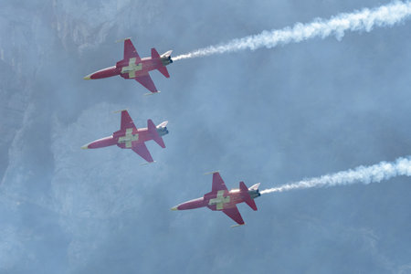 Mollis, Switzerland, August 18, 2023 Patrouille Suisse Northrop F-5E Tiger II military jet doing acrobatic flights during an air displayのeditorial素材