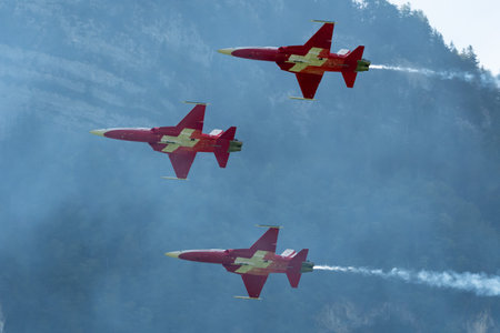 Mollis, Switzerland, August 18, 2023 Patrouille Suisse Northrop F-5E Tiger II military jet doing acrobatic flights during an air displayのeditorial素材