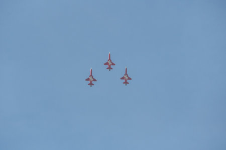 Mollis, Switzerland, August 18, 2023 Patrouille Suisse Northrop F-5E Tiger II military jet doing acrobatic flights during an air displayのeditorial素材