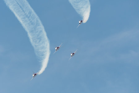 Mollis, Switzerland, August 18, 2023 Patrouille Suisse Northrop F-5E Tiger II military jet doing acrobatic flights during an air displayのeditorial素材