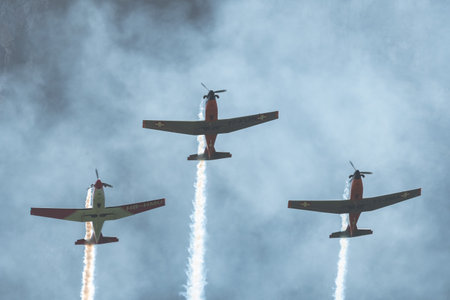 Mollis, Switzerland, August 18, 2023 Pilatur PC-7 Subito Team is performing during an air displayのeditorial素材