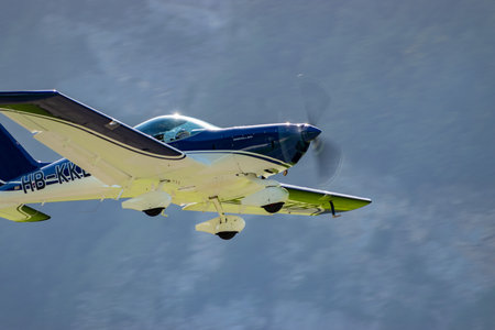 Mollis, Switzerland, August 18, 2023 HB-KKB BRM Aero Bristell B23 aircraft is taking off from runway 01のeditorial素材